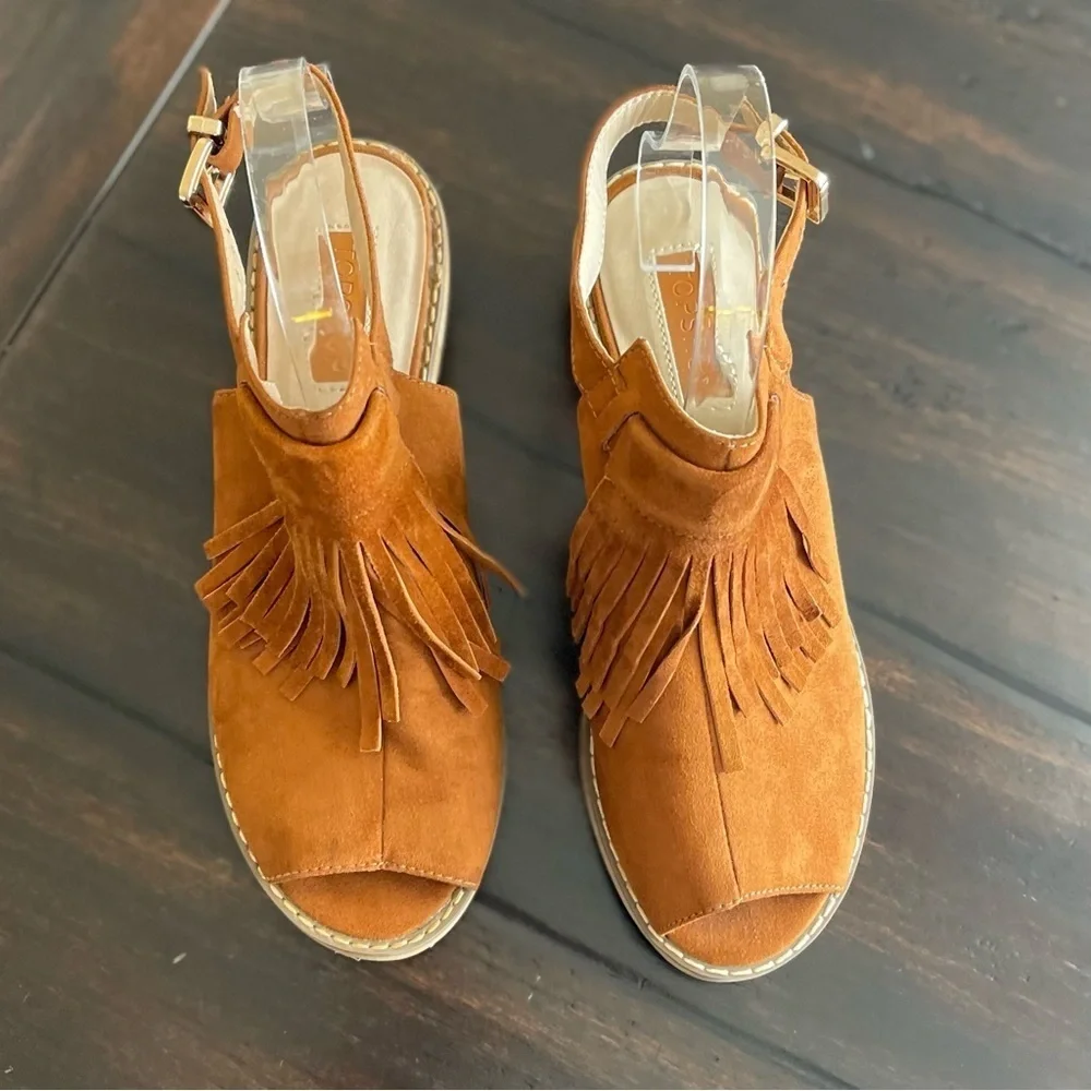 TOPSHOP Faux Suede Boho Fringe Open Peep Toe Heeled Sandals